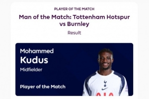 助攻双响,官方:热刺边锋库杜斯当选热刺vs伯恩利全场最佳球员 助攻双响,官方:热刺边锋库杜斯当选热刺vs伯恩利全场最佳球员