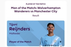 传射建功,官方:赖因德斯当选曼城vs狼队全场最佳球员 传射建功,官方:赖因德斯当选曼城vs狼队全场最佳球员