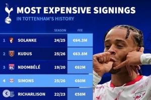 热刺最贵引援:索兰克6430万欧标王,哈维-西蒙斯6000万欧第四 热刺最贵引援:索兰克6430万欧标王,哈维-西蒙斯6000万欧第四