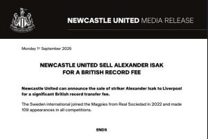 纽卡伊萨克公告仅37字,记者:这充分说明了球队如何看待他的行为 纽卡伊萨克公告仅37字,记者:这充分说明了球队如何看待他的行为