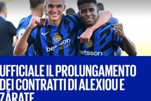 国米官方:和20岁中卫亚历克西乌、18岁中场萨拉特续约两年 国米官方:和20岁中卫亚历克西乌、18岁中场萨拉特续约两年