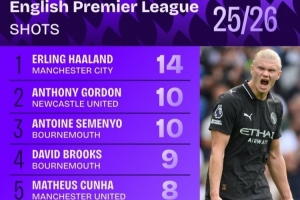 新赛季英超射门榜:哈兰德14次居首,B费、库尼亚、佩德罗在列 新赛季英超射门榜:哈兰德14次居首,B费、库尼亚、佩德罗在列