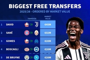 德转列今夏免签身价最贵榜:戴维&萨内领衔,德布劳内&托马斯在列 德转列今夏免签身价最贵榜:戴维&萨内领衔,德布劳内&托马斯在列