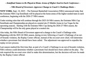 下下赛季起NBA杯半决赛将在战绩更好球队主场进行 决赛依旧中立场 下下赛季起NBA杯半决赛将在战绩更好球队主场进行 决赛依旧中立场