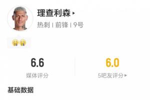 理查利森本场数据:零射门,8次地面对抗成功4次,3次争顶均成功 理查利森本场数据:零射门,8次地面对抗成功4次,3次争顶均成功