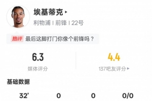 埃基蒂克本场数据:3射门0射正2次错失进球机会,评分6.3 埃基蒂克本场数据:3射门0射正2次错失进球机会,评分6.3
