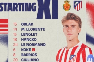 马竞首发：科克、阿尔瓦雷斯先发，格列兹曼替补