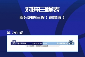 中超第28轮 武汉三镇vs深圳新鹏城改期至10月24日(周五)19:35 中超第28轮 武汉三镇vs深圳新鹏城改期至10月24日(周五)19:35