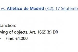 欧足联官方:对阵马竞因球迷投掷物品,对利物浦处以罚款4000欧 欧足联官方:对阵马竞因球迷投掷物品,对利物浦处以罚款4000欧