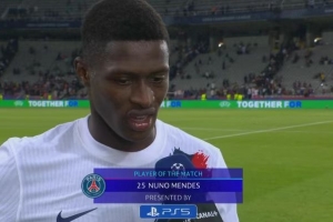 长途奔袭助攻!努诺-门德斯当选巴黎vs巴萨全场最佳球员 长途奔袭助攻!努诺-门德斯当选巴黎vs巴萨全场最佳球员