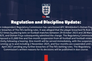 官方:英甲球员福约252次违反博彩条例,被罚款1000镑+禁赛5个月 官方:英甲球员福约252次违反博彩条例,被罚款1000镑+禁赛5个月