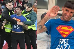 挪威vs以色列的比赛中有球迷冲进球场,T恤写着“自由加沙”口号 挪威vs以色列的比赛中有球迷冲进球场,T恤写着“自由加沙”口号