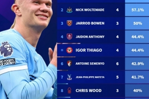 哈兰德本赛季英超11球占曼城全队64.7%,单人进球占比领跑英超 哈兰德本赛季英超11球占曼城全队64.7%,单人进球占比领跑英超