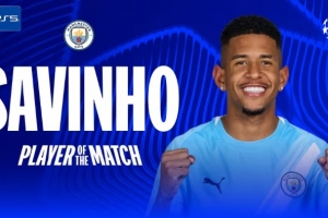 1助攻4关键传球!萨维尼奥当选曼城2-0黄潜全场最佳球员 1助攻4关键传球!萨维尼奥当选曼城2-0黄潜全场最佳球员