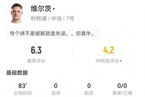 维尔茨本场1射0正+1失良机 1关键传球+5对抗2成功 获评6.3分 维尔茨本场1射0正+1失良机 1关键传球+5对抗2成功 获评6.3分