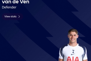 梅开二度!英超官方:范德芬当选热刺3-0埃弗顿全场最佳 梅开二度!英超官方:范德芬当选热刺3-0埃弗顿全场最佳