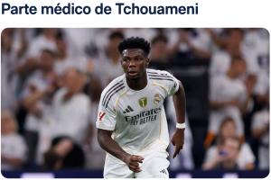 官方：皇马中场琼阿梅尼左腿肌肉受伤，据悉缺阵3周